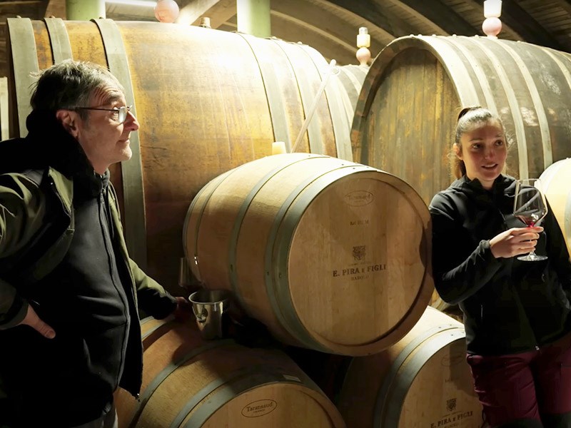 Giorgio and Beatrice in the wine cellar at E.Pira & Figli